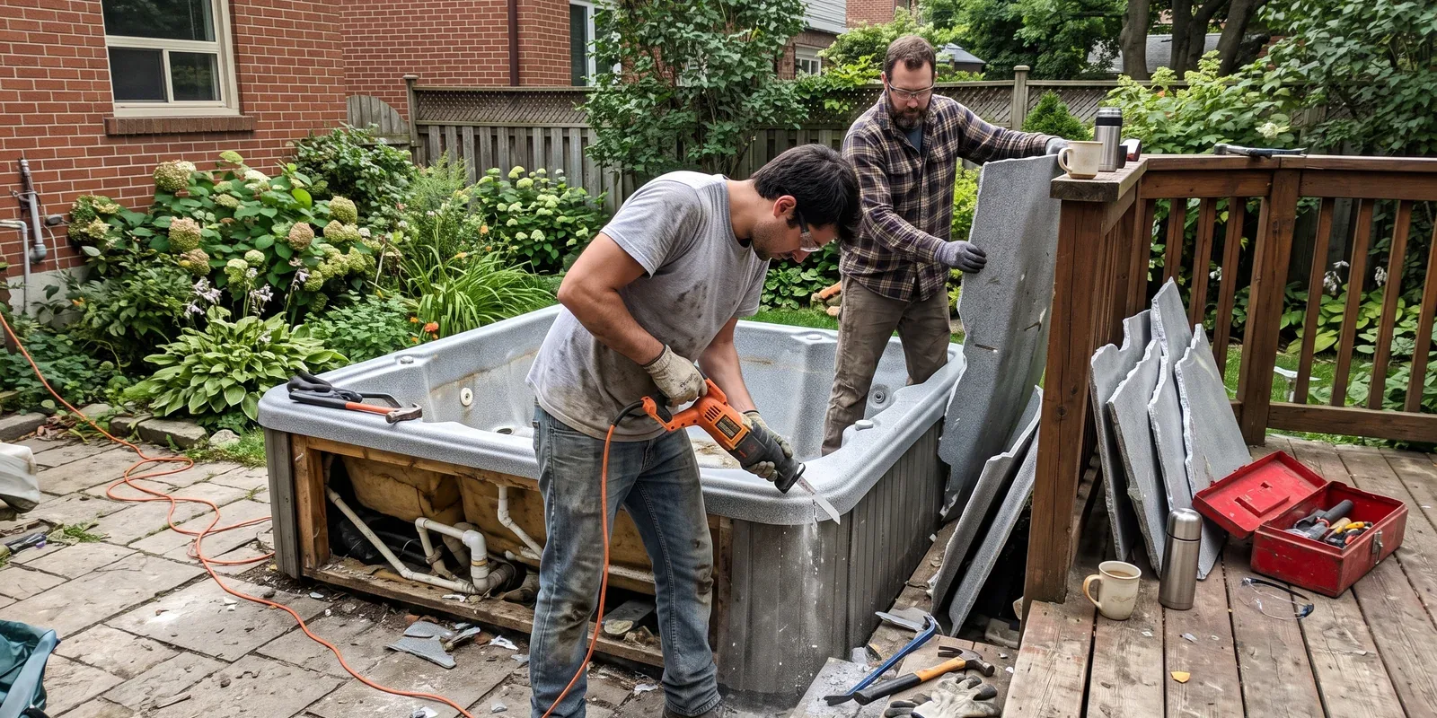 Hot tub shell being cut apart with a saw on a backyard deck